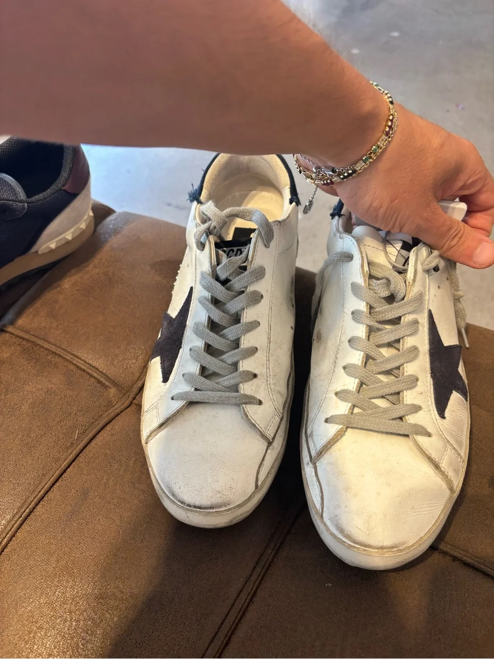 Golden Goose White Leather Sneaker with Navy Star and Heel